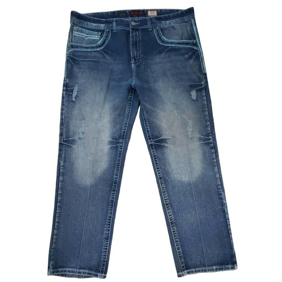 GS115 Brand Men's Blue Jeans Original Brand Size 46×32 Embroydered, Distressed. - Picture 7 of 13